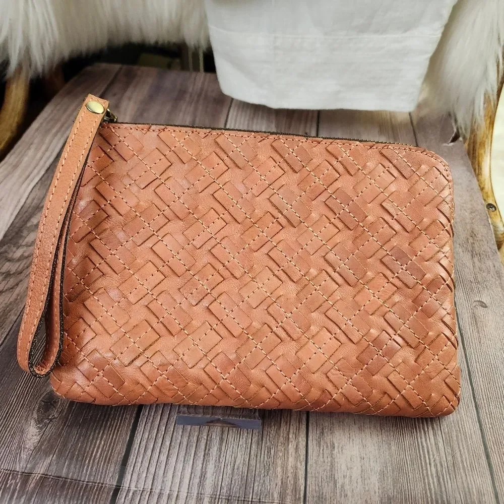 Patricia Nash Woven Leather Wristlet in Cognac Brown